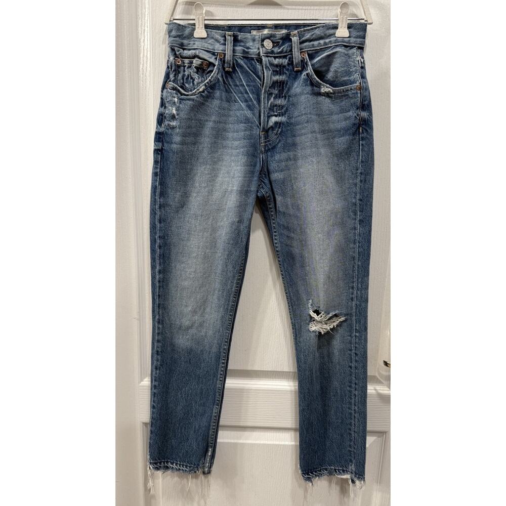 Trave Constance Straight Tapered Button Fly Distressed Fray Jeans Blue Size 26